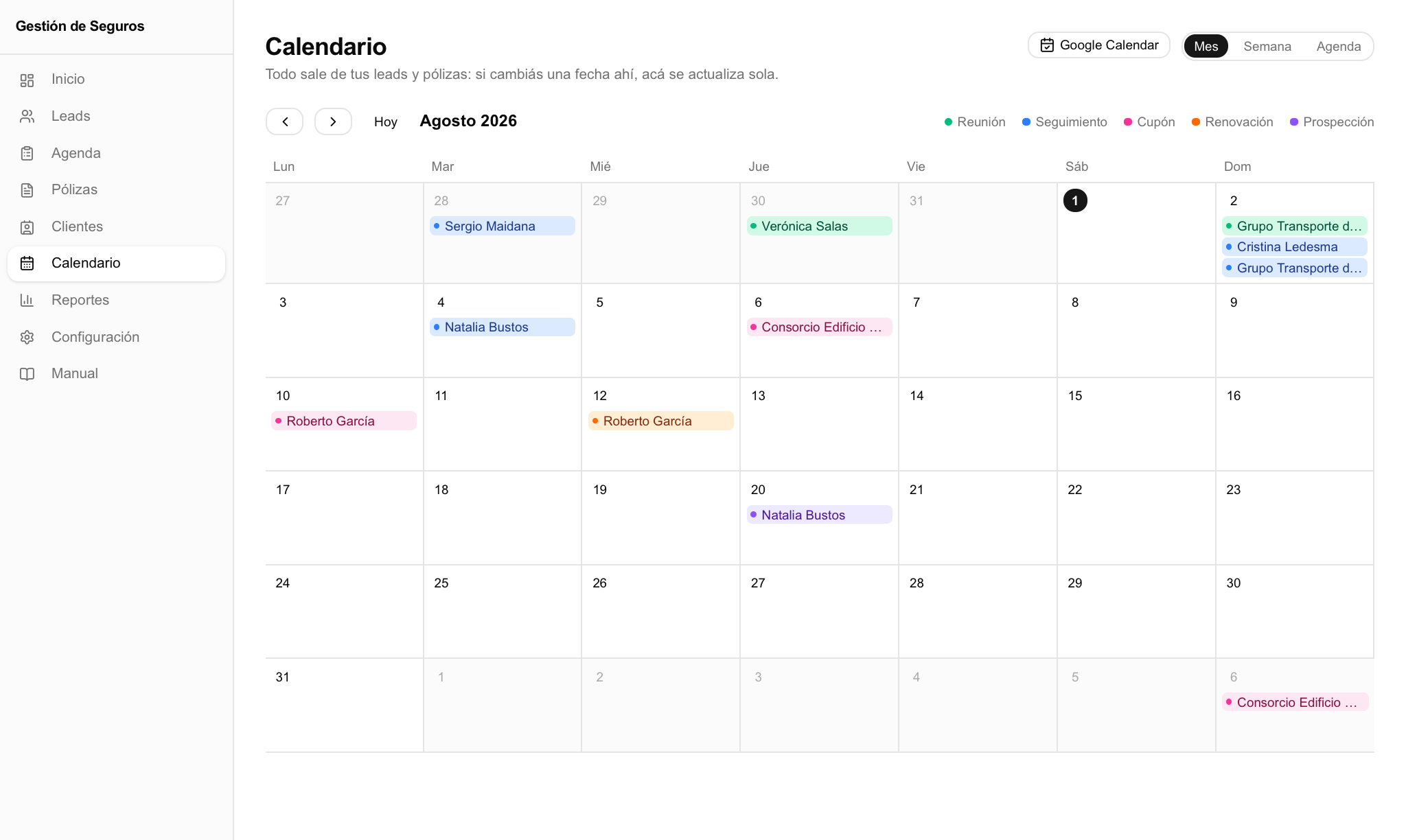 Calendario mensual con reuniones, seguimientos, vencimientos de cuotas y renovaciones